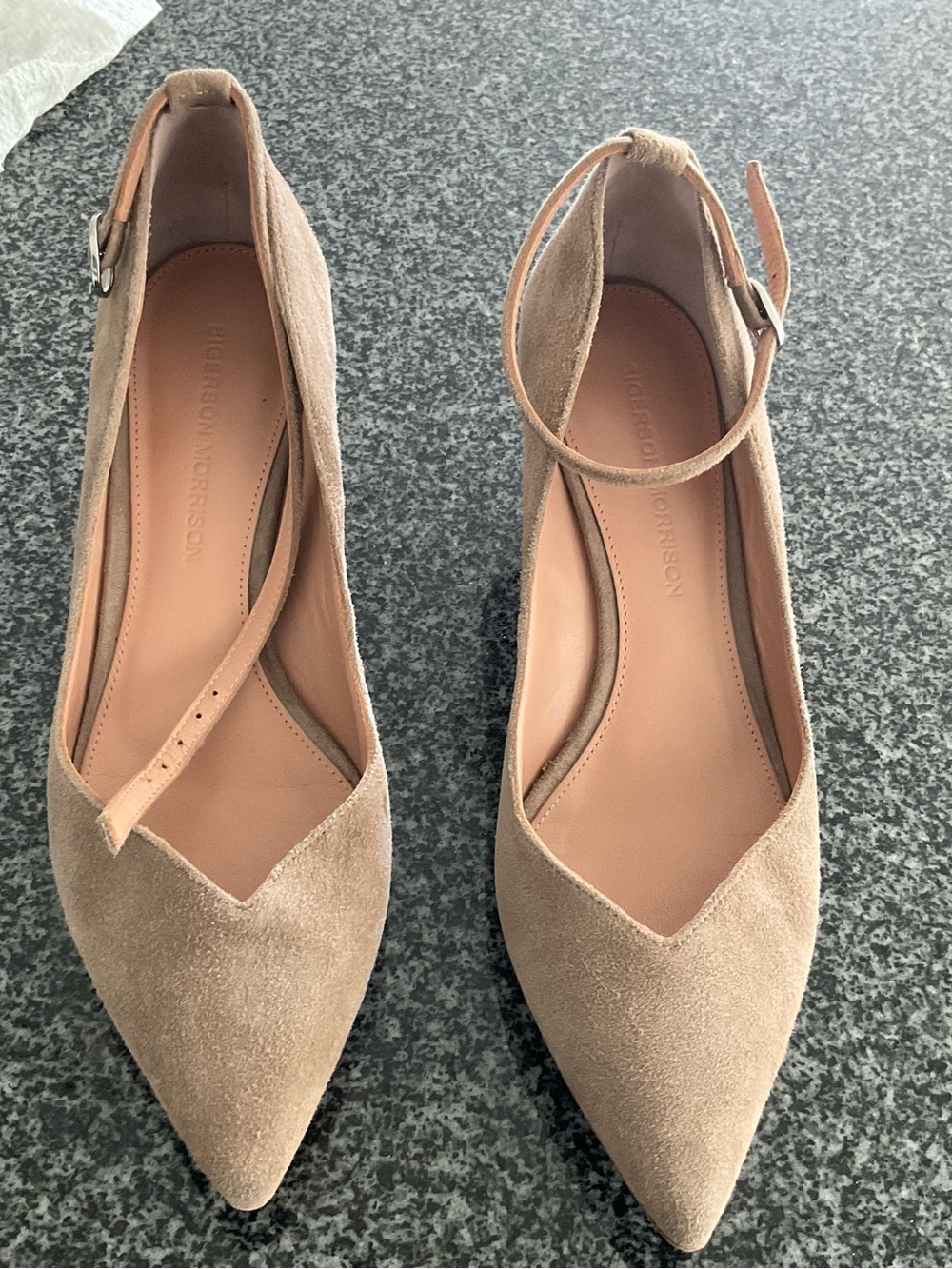 Suede Pointed Toe Ankle Strap Flats - Nude